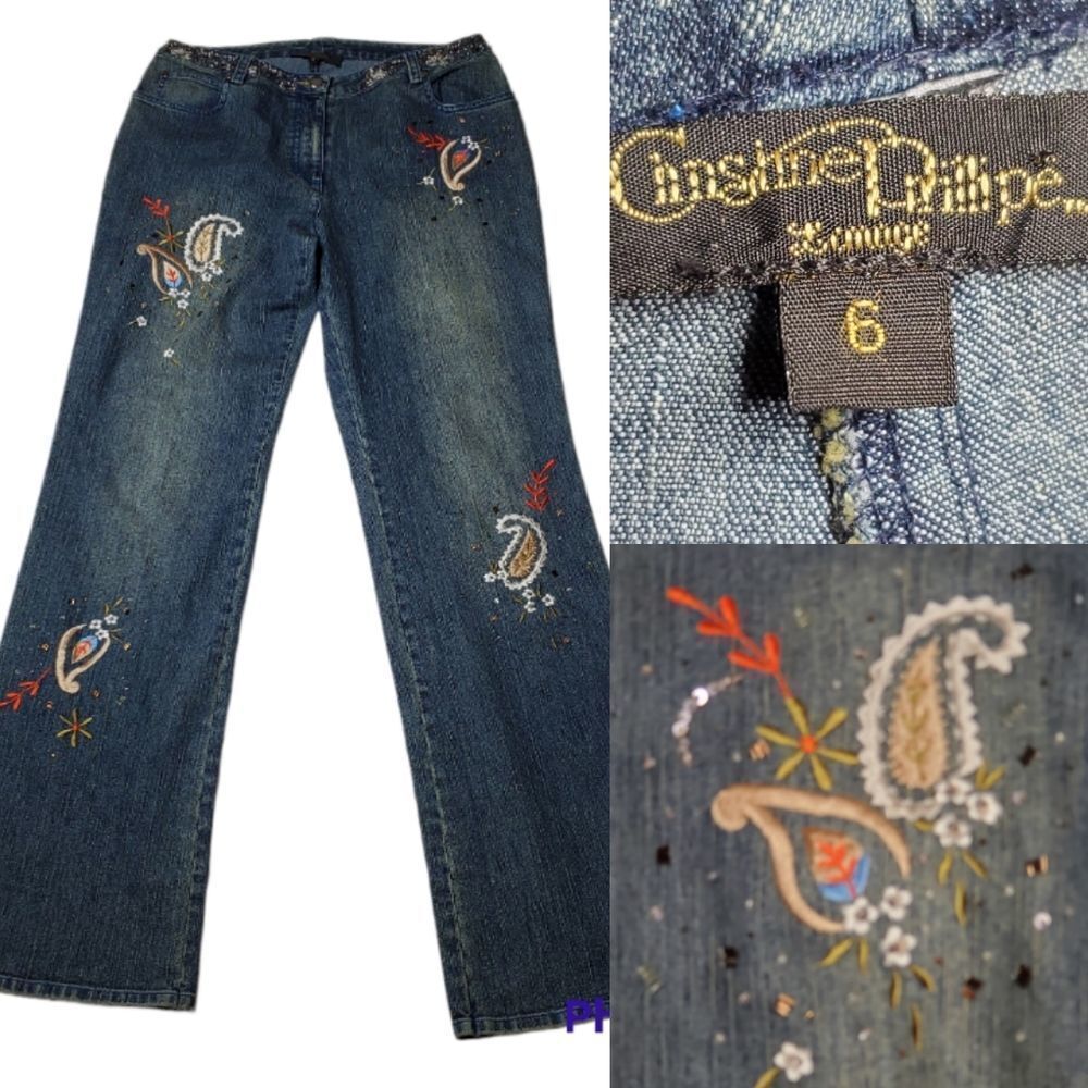 6 CHRISTINE PHILIPPE Lomage French Paisley embroidered wide flare vintage JEANS